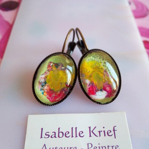 Dormeuses ovales laiton bronze,bijou peint ,rouge marron jaune vert blanc bleu violet,fleuri art nouveau fantastique