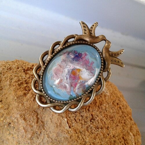 Bague hirondelles laiton bronze avec cabochon en verre oval,peinture originale,mini tableau fantastique,fait mains en france