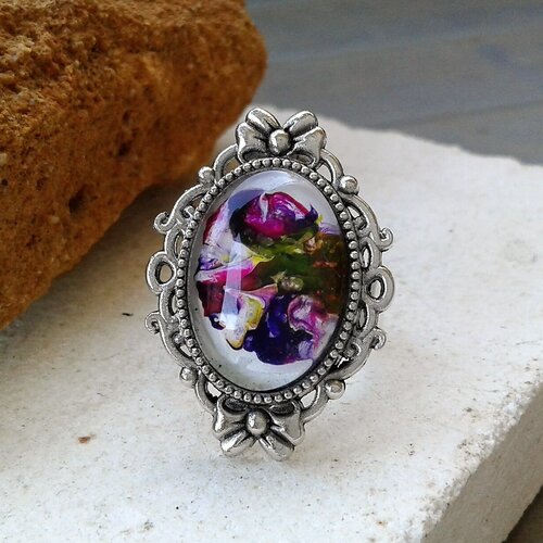 Peint par artiste,bague metal argente ajustable avec cabochon ovale fleur et noeud,cadeau fete anniversaire noel,st valentin fete des mere