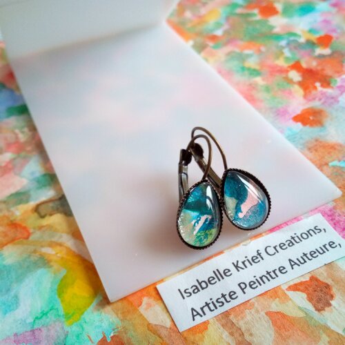 Boucles oreilles dormeuses laiton avec cabochons goutte aquarelle ,bijou femme boho bobo gothique,bleu rose vert bronze,