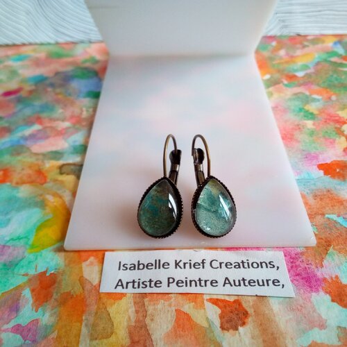Boucles oreilles dormeuses laiton avec cabochons goutte aquarelle peint artiste,bijou femme boho bobo gothique,bleu gris bronze