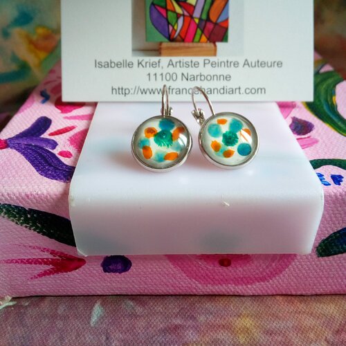 Dormeuses laiton rhodie avec cabochons ronds en verre peint,bleu orange blanc argente,fait mains en france,cadeau fete