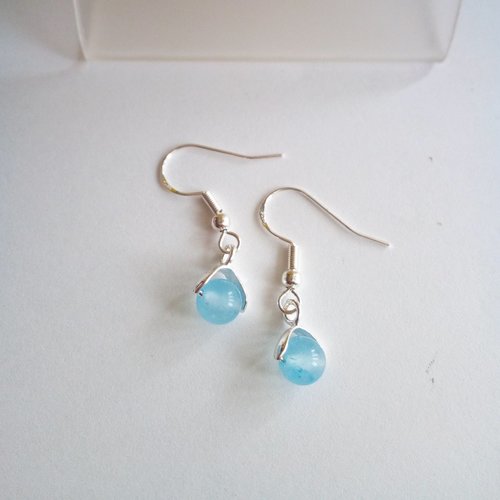 Boucles oreilles aigue marine pierre precieuse bleue avec crochets argent 925,fait mains en france
