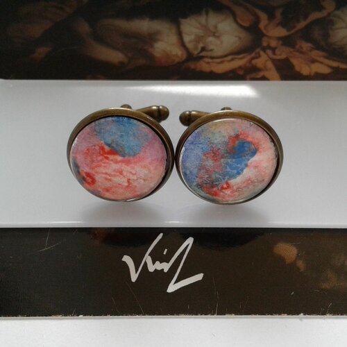 Boutons manchette laiton bronze avec cabochons ronds aquarelle