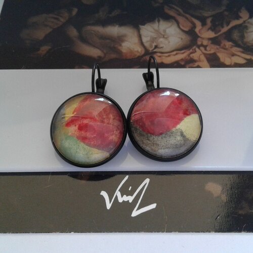 Peint artiste française,dormeuses cabochons ronds 20mm,aquarelle rouge noire vert jaune,gothique bobo boho