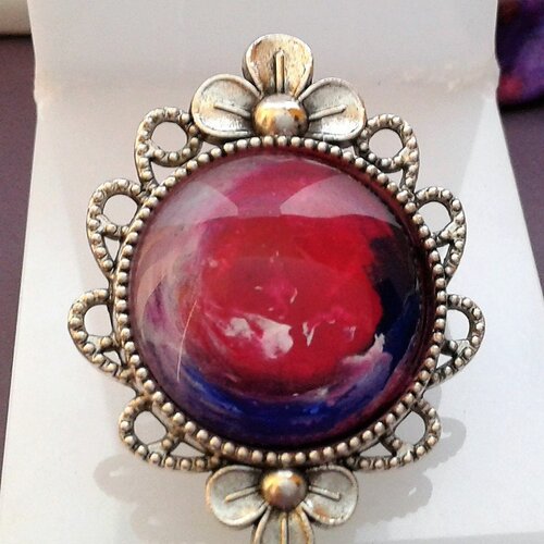 Peint artiste française,bague ronde fleur,rouge rose bleu violet,art modern baroque ,cadeau fete,fait en france