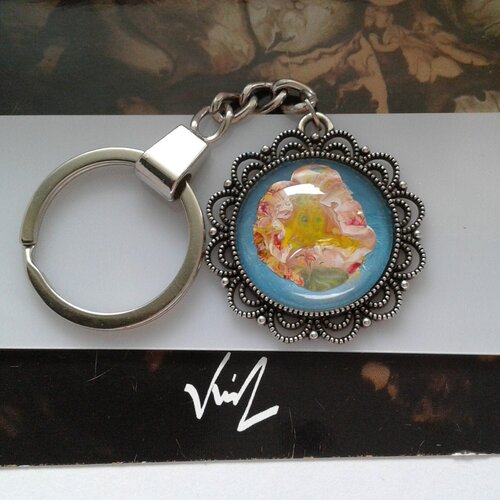 Peint artiste française,porte cle bijou sac,fleur argente,cabochon rond 25mm,bleu jaune vert rouge orange,cadeau fete,boho bobo gothique
