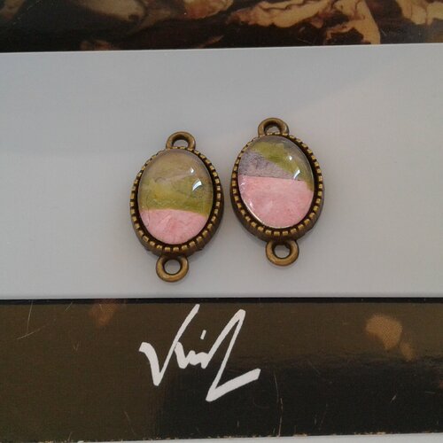 Peint artiste française,2,pendentifs breloque,ovale 10x14mm,2 anneaux,fourniture bijou mercerie,rose vert, boho bobo gothique