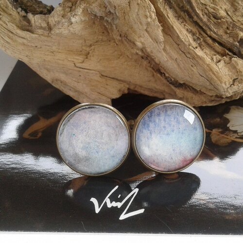 Aquarelle,boutons manchette laiton bronze avec cabochons ronds