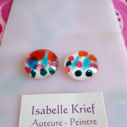 15mm,lot cabochons ronds verre peint par artiste française,fond plat,bleu blanc orange rose,fourniture bricolage mercerie deco scrap