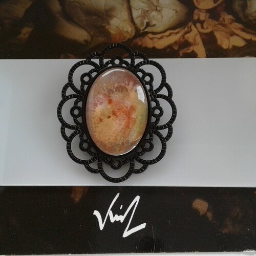 Peint artiste française,broche filigrane fleur noire,aquarelle rouge marron vert,epingle,fait mains en france,boho bobo gothique,victorien