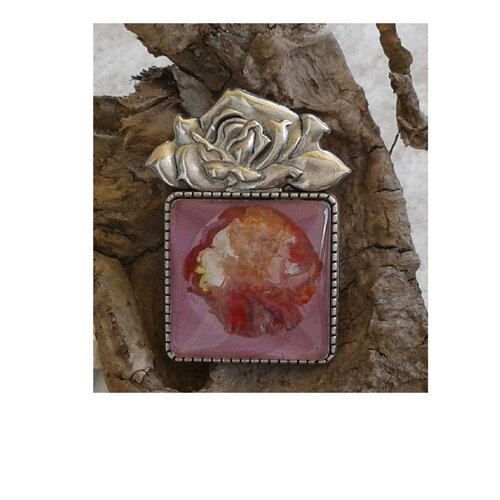 Peint artiste française,broche argente,cabochon verre carré,fleur rose orange rouge blanc marron,gothique victorien,art nouveau