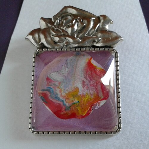 Peint, par artiste, broche, fleur, argent tibetain,epingle,cabochon carré, 25 mm,mauve, parme, rose, orange, jaune,blanc,bleu,lacik