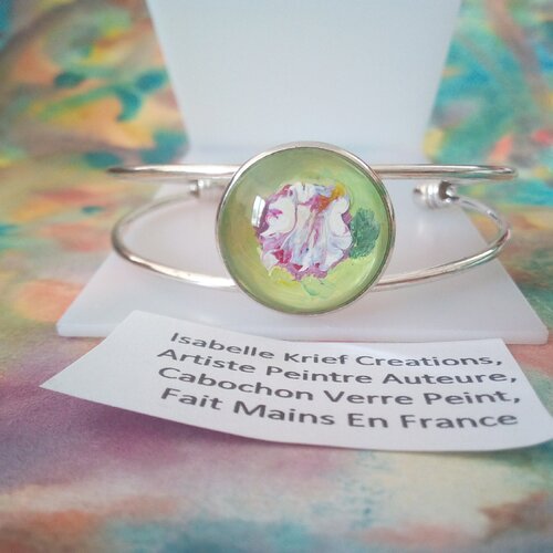 Peint artiste française,bracelet manchette argente et cabochon rond verre ,cadeau fete anniversaire st valentin,fait mains en france,fleuri