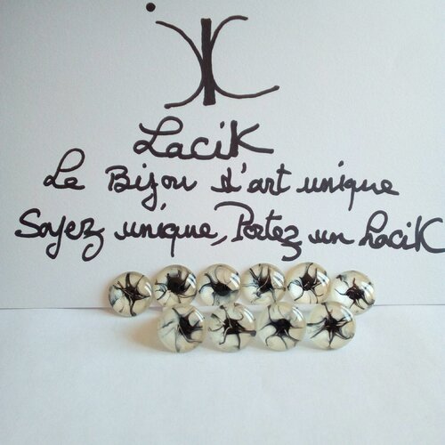 16mm,verre peint artiste francaise,noir nacre blanc,cabochon rond fond plat,fourniture bricolage mercerie,boho bobo gothique