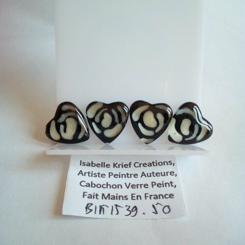 18mm,verre peint artiste francaise,noir nacre blanc,cabochon coeur fond plat,fourniture bricolage mercerie,boho bobo gothique coeur