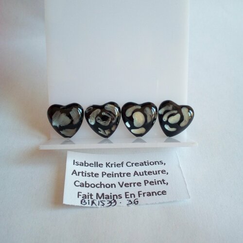 15mm,verre peint artiste francaise,noir nacre blanc,cabochon coeur fond plat,fourniture bricolage mercerie,boho bobo gothique coeur