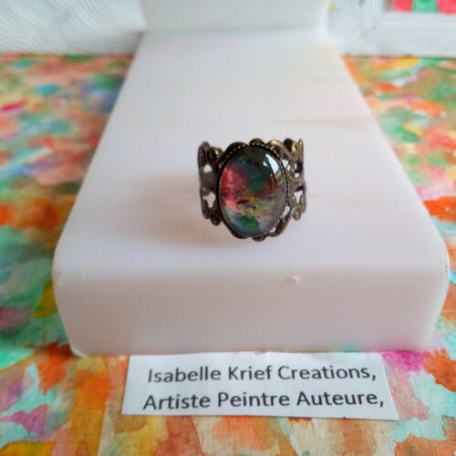 Aquarelle originale bague laiton anneau filigrane fleur lys avec cabochon oval 10x14mm bleu vert jaune rose