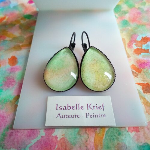 Dormeuses laiton noir cabochons gouttes aquarelle peint par artiste,boucles oreilles percees,fait mains en france,cadeau fete