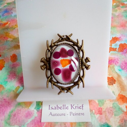 Broche laiton bronze avec cabochon oval 18x25mm en verre peint par artiste,fait mains en france,boho bobo gothique mystique,branches epines