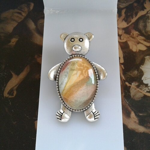 Aquarelle originale,broche ourson argente,epingle,fait mains en france,boho bobo gothique