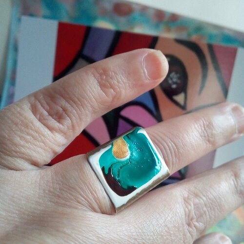 Bague chevaliere laiton bronze avec plateau rectangle peint art deco abstrait,cadeau fete anniversaire noel,anneau ferme