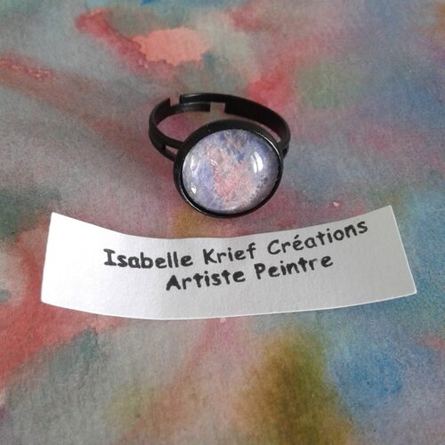 Bague aquarelle ronde,rose violet,anneau noir ajustable,bijou femme,fait mains en france,boho bobo gothique