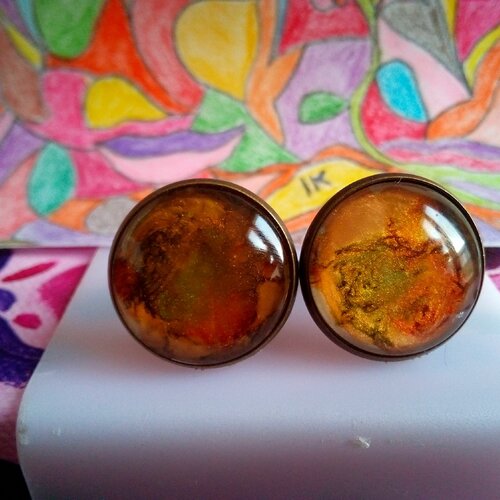 Boutons de manchettes laiton avec cabochons ronds,verre peint, orange or vert rouge,cadeau fete anniversaire noel