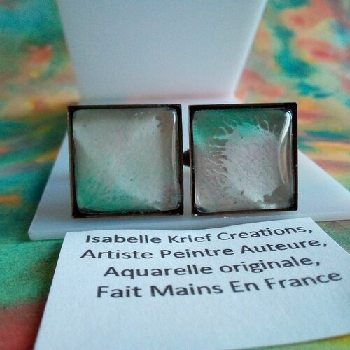 Boutons de manchette,aquarelle peint artiste francaise,laiton bronze,cabochon carré ,accessoire costume cravate,cadeau fete anniversaire