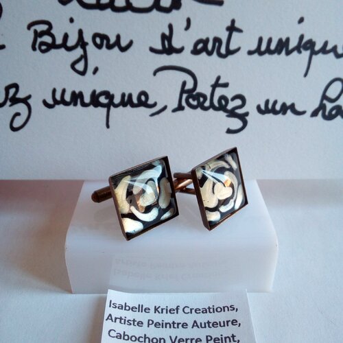 Verre peint par artiste,boutons manchette laiton avec cabochons carre noir blanc nacre,fait mains en france,cadeau fete anniversaire noel