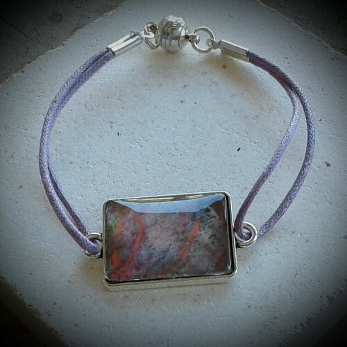 Art portable,bracelet cordon avec cabochon rectangle aquarelle originale,fermoir aimant plaque argent,fait mains en france