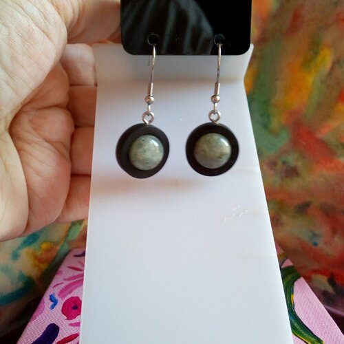 Labradorite,boucles oreilles bois noir et cabochons ronds 12mm,pierre fine precieuse,crochets acier 316l,fait mains en france,cadeau fete