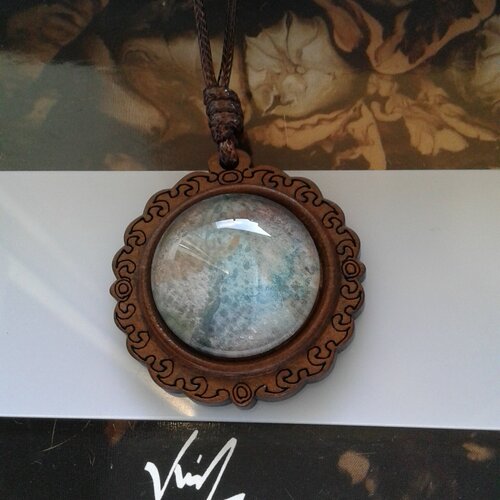 Pendentif rond bois,aquarelle originale ooak,artiste peintre française,fleuri bleu marron,cordon,bobo boho gothique abstrait,fait en france