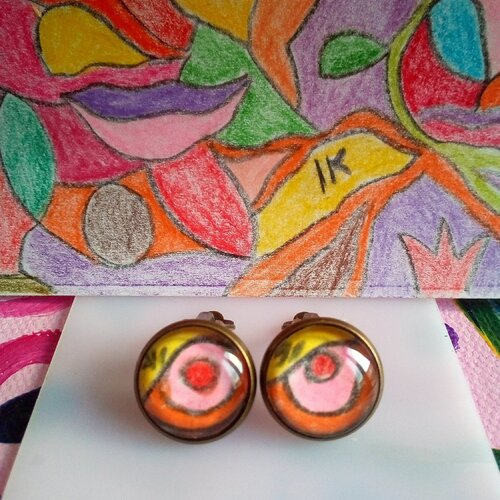 Clips boucles oreilles laiton bronze avec cabochons aquarelle peint artiste rouge rose orange jaune,cadeau fete anniversaire noel