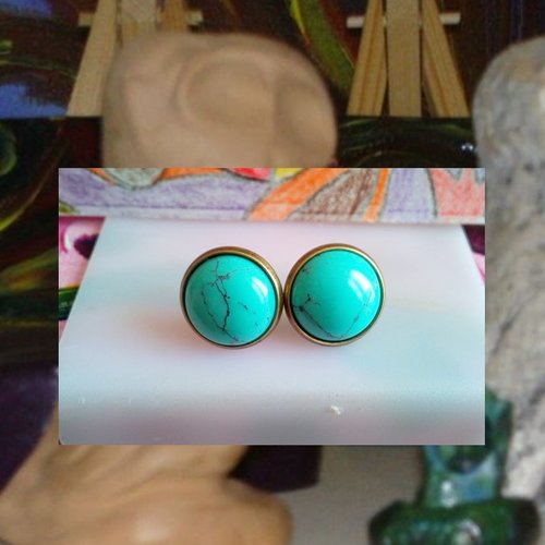 Turquoise,clous boucles oreilles laiton bronze avec cabochons ronds 12mm,pierre precieuse,poussoirs,cadeau fete anniversaire noel