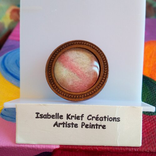 Broche en bois avec cabochon aquarelle,verre rond 20mm,peint par artiste isabelle krief,fait mains en france,fermoir epingle,cadeau fete