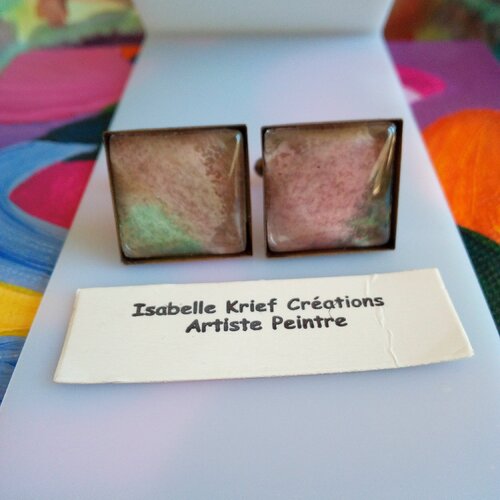 Aquarelle ,boutons manchette laiton bronze avec cabochons carres ,fait mains en france,cadeau fete anniversaire noel