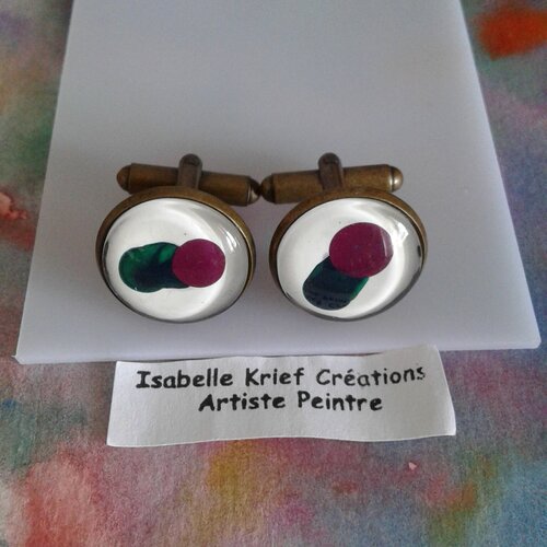 Peints artiste francaise,boutons manchette bronze vieilli,cabochons ronds,vert violet blanc,abstrait contemporain,accessoire costume cravate