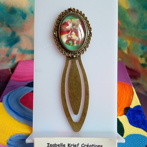 Marque page laiton bronze fleuri,cabochon oval peint par artiste,rouge marron jaune vert blanc,fait en france,cadeau fete anniversaire noel,