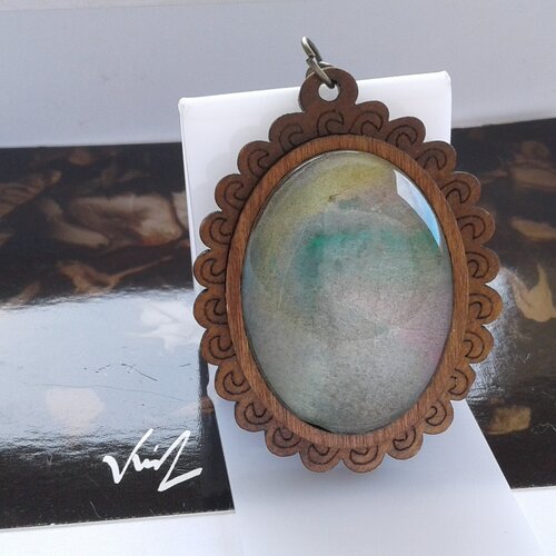 Aquarelle originale,porte cle fleur bois,cabochon oval,vert violet jaune,accessoire sac cle,boho bobo