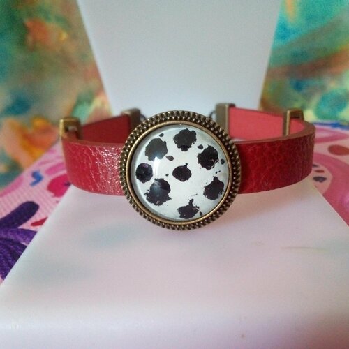 Peint artiste francaise,bracelet cuir rouge avec cabochon rond noir blanc,fait mains en france,cadeau fete anniversaire noel