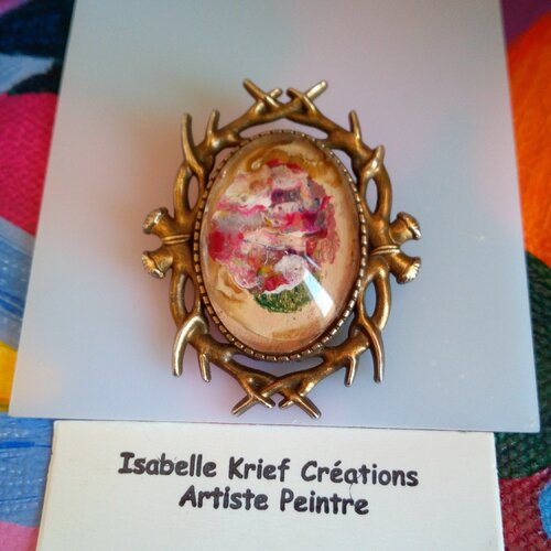 Broche laiton bronze avec cabochon oval peint par artiste,fleuri branche entrelacee,fait mains en france,fermoir epingle,cadeau fete noel