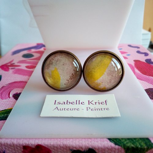 Boutons manchettes laiton avec cabochons ronds aquarelle ooak,fait mains en france,cadeau fete anniversaire noel,boho bobo gothique baroque