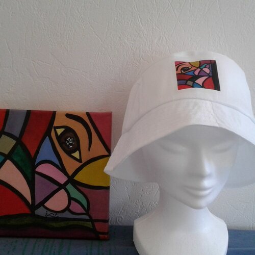 58cm,coton,peint artiste francaise,chapeau soleil unisex,imprime tableau peint,abstrait,oeil geometrique,bobo boho ,bleu rouge violet
