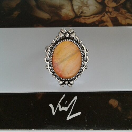 Bague argente ajustable avec cabochon oval en verre,peinture aquarelle,noeud kawaii pop art,cadeau fete anniversaire noel