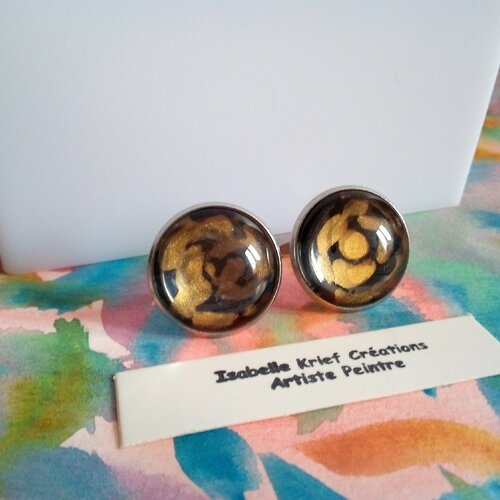 Boutons manchette en acier inoxydable avec cabochons ronds verre loupe peint noir et or,cadeau fete anniversaire noel