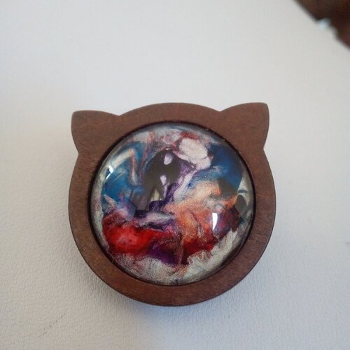 Peint par artiste francaise,broche chat en bois avec cabochon verre rond rouge orange noir bleu nacre blanc or,boho bobo gothique baroque