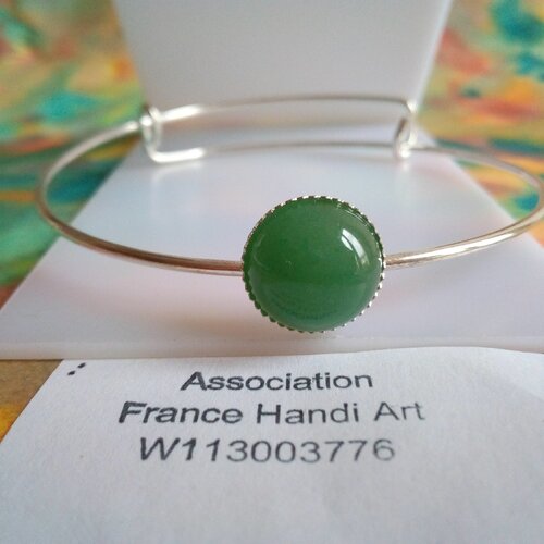 Bracelet laiton argente, cabochon rond aventurine,quartz vert pierre precieuse,fait mains en france,st valentin fete anniversaire noel