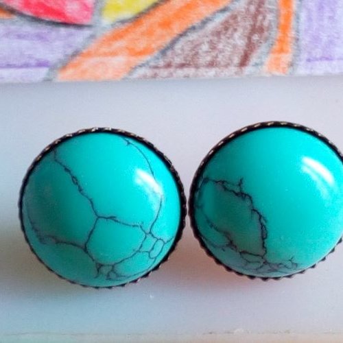 Clous boucles oreilles en laiton bronze avec cabochons ronds 12mm turquoise pierre precieuse,et fermoirs poussoirs,cadeau fete anniversaire