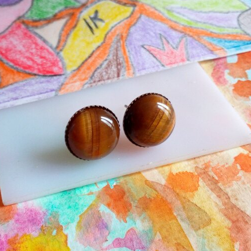 Clous boucles oreilles en laiton bronze avec cabochons ronds 12mm oeil de tigre pierre precieuse,et fermoirs poussoirs,cadeau fete noel
